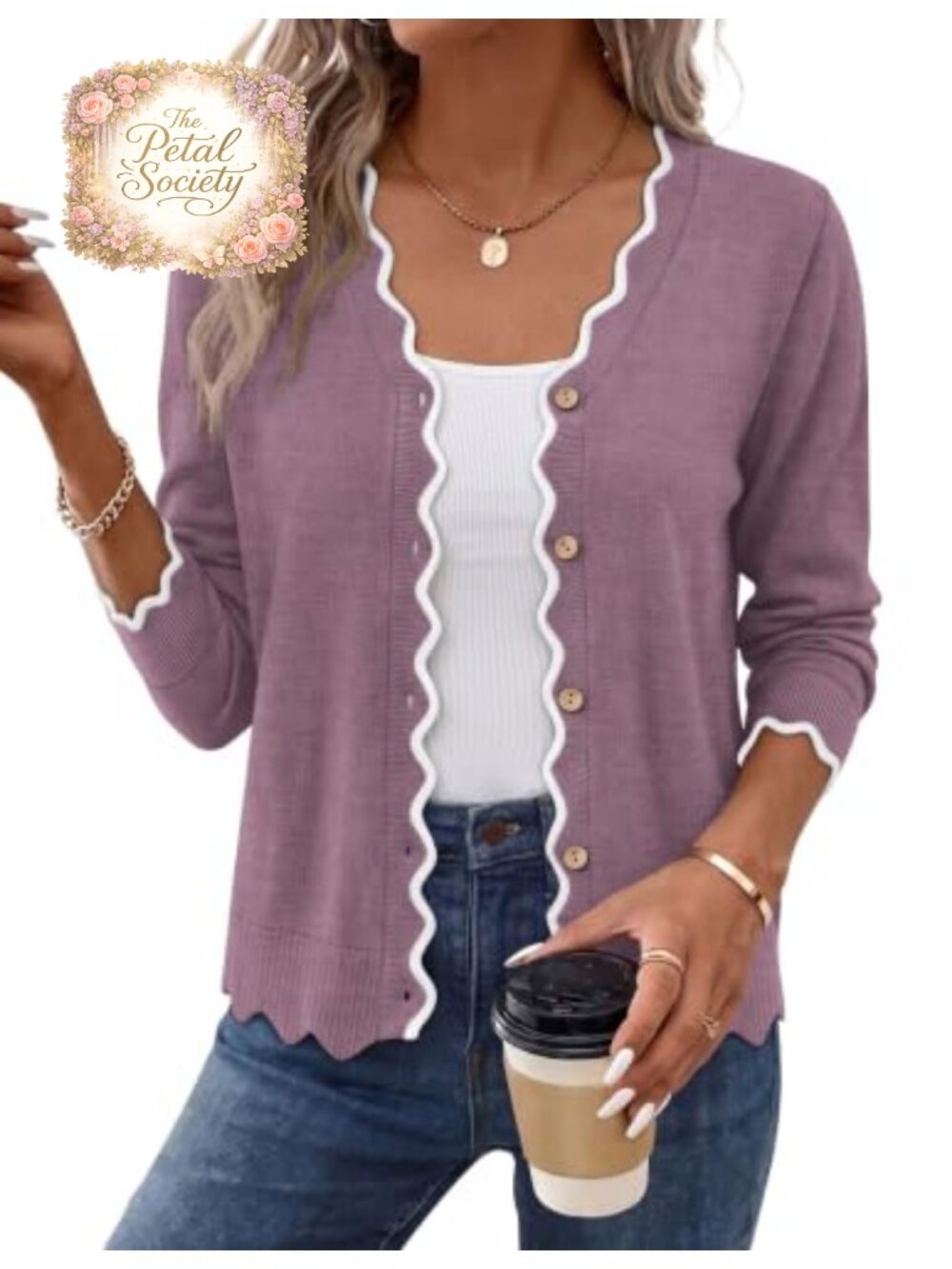 Womens V Neck Button Front Knit Cardigan Lightweight Scalloped Trim